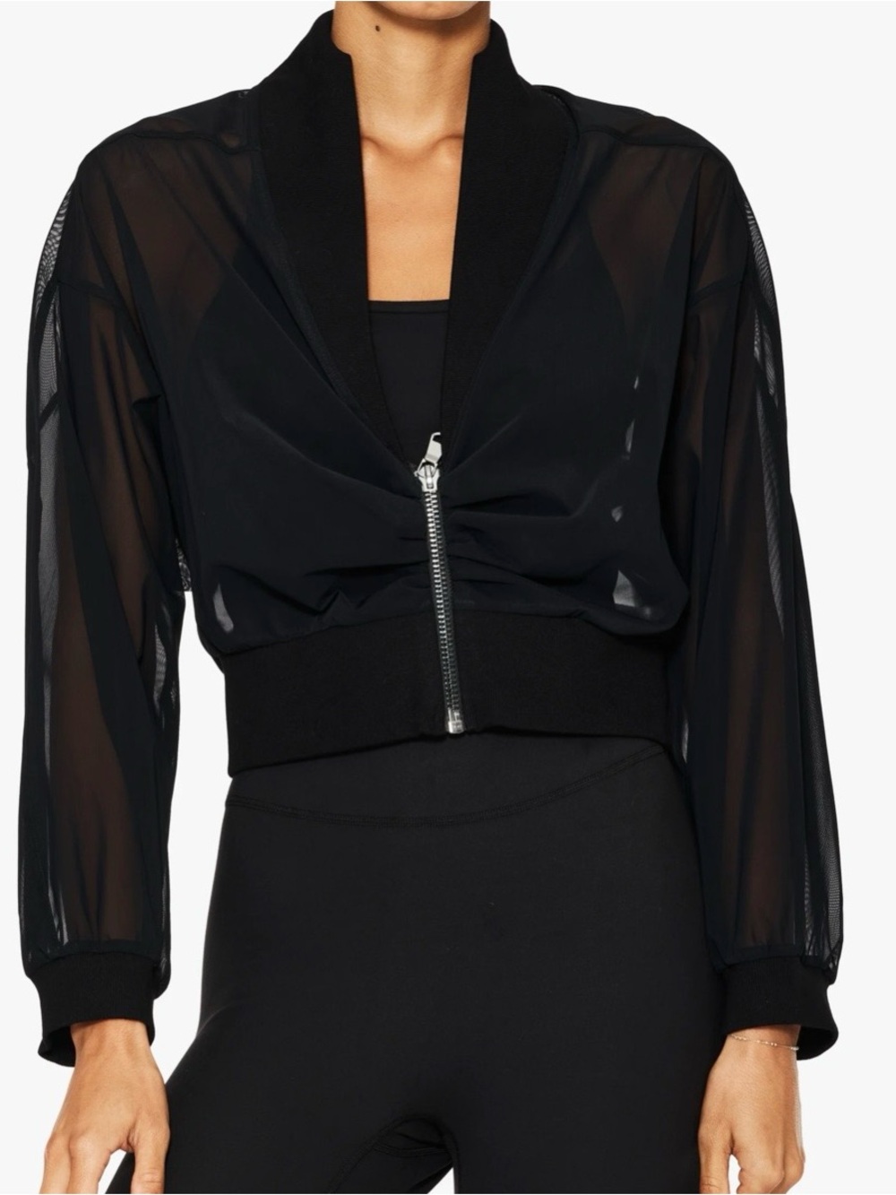 MICHI Black Sheer Cropped Bomber Jacket